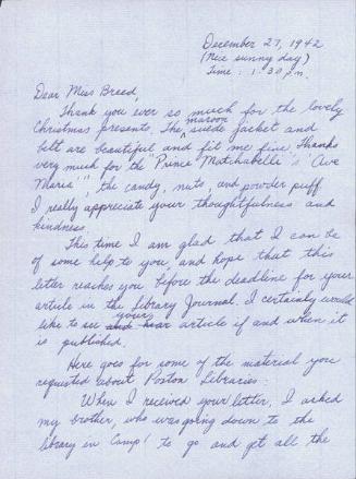 [Letter to Clara Breed from Fusa Tsumagari, Poston, Arizona, December 27, 1942]