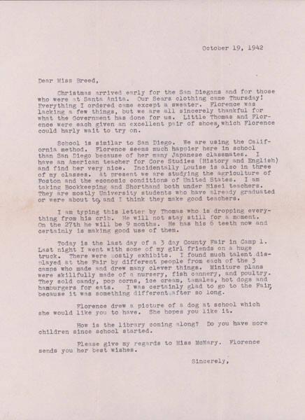 [Letter to Clara Breed from Margaret Ishino, Poston, Arizona, October 19, 1942]