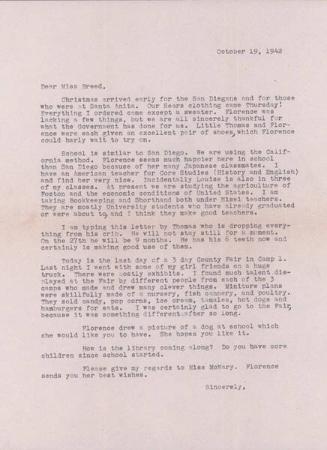 [Letter to Clara Breed from Margaret Ishino, Poston, Arizona, October 19, 1942]
