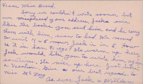 [Postcard to Clara Breed from William and Jack Watanabe, Arcadia, California, July 15, 1942]