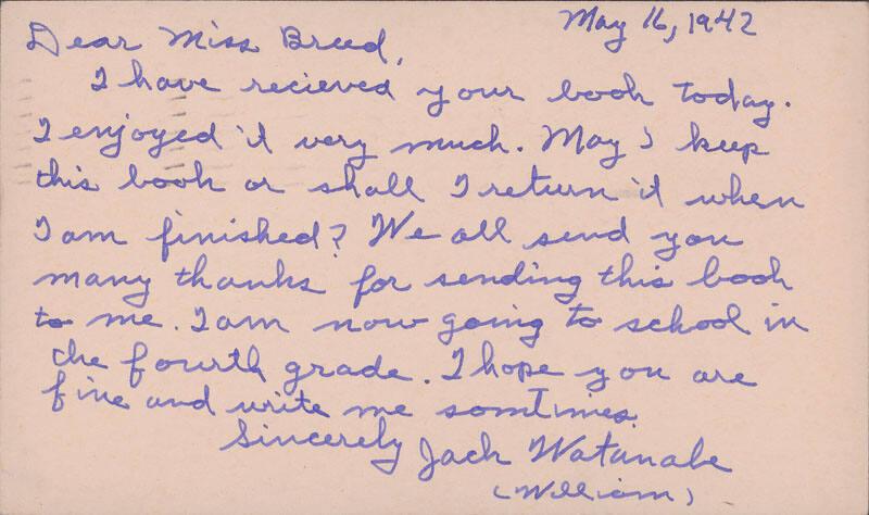 [Postcard to Clara Breed from Jack Watanabe, Arcadia, California, May 16, 1942]