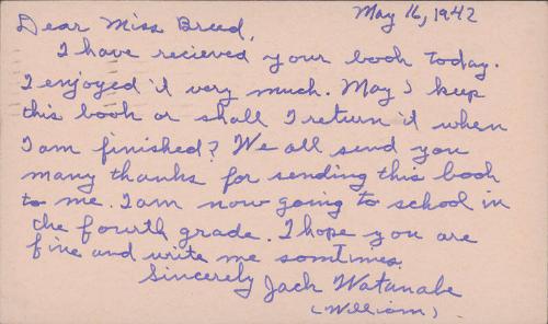 [Postcard to Clara Breed from Jack Watanabe, Arcadia, California, May 16, 1942]