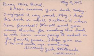 [Postcard to Clara Breed from Jack Watanabe, Arcadia, California, May 16, 1942]