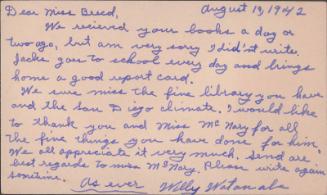[Postcard to Clara Breed from William Watanabe, Arcadia, California, August 19, 1942]