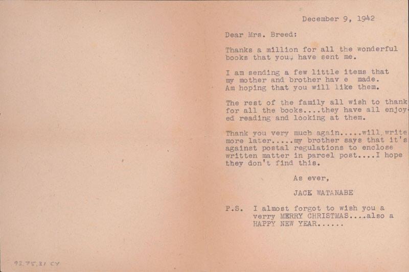 [Letter to Clara Breed from Jack Watanabe, Poston, Arizona, December 9, 1942]