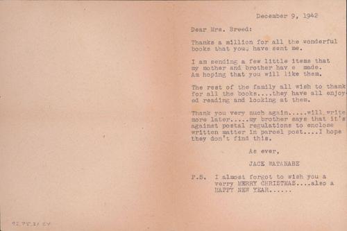 [Letter to Clara Breed from Jack Watanabe, Poston, Arizona, December 9, 1942]