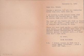 [Letter to Clara Breed from Jack Watanabe, Poston, Arizona, December 9, 1942]