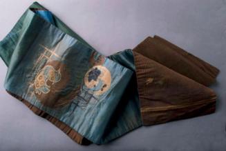 [Double-sided obi with brown bird design and brown and gold swirls on blue-green design]