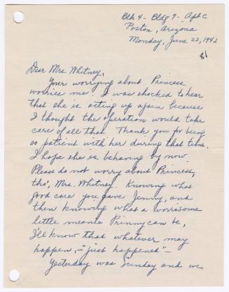 [ Letter to Mrs. Whitney from Louise Fukuda | June 22, 1942 ]