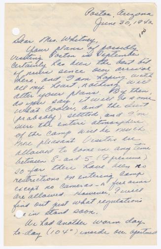 [ Letter to Mrs. Whitney from Fumiko Fukuda | June 30, 1942 ]