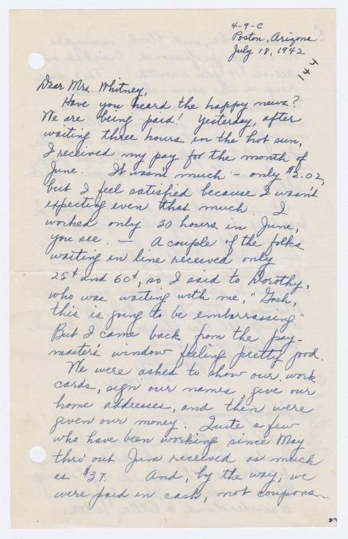 [ Letter to Mrs. Whitney from Louise Fukuda | July 18, 1942 ]