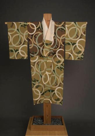 [Olive green and brown nagajuban (long underkimono) with circle and "nu" character pattern]