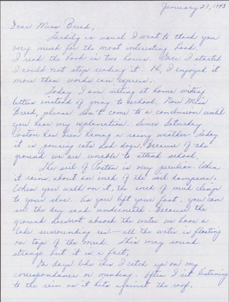 [Letter to Clara Breed from Louise Ogawa, Poston, Arizona, January 27, 1943]