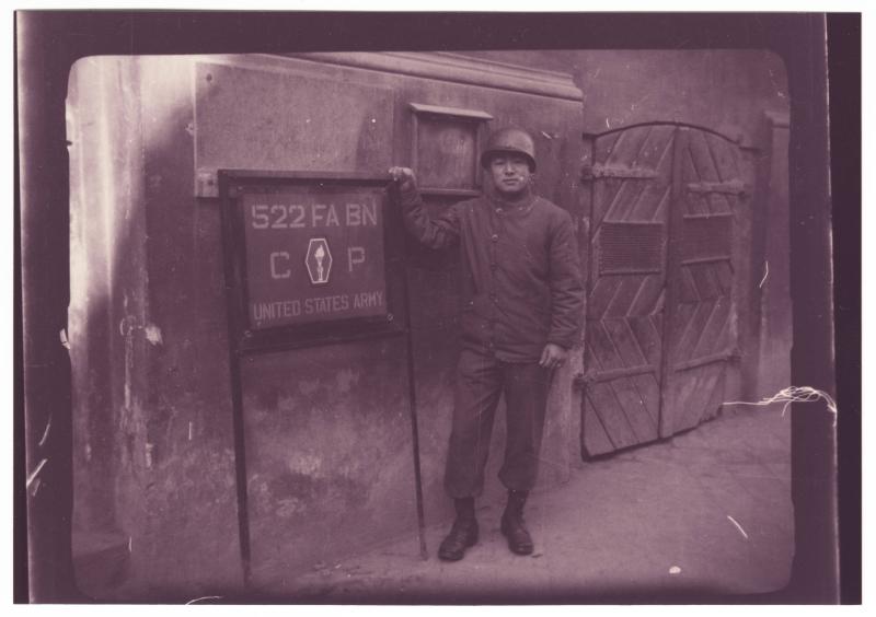 [Photo album with photographic reproductions of Battery A of the 522nd Field Artillery Battalion in Germany and France, 1945]