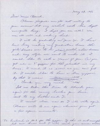 [Letter to Clara Breed from Hisako Watanabe, Poston, Arizona, May 29, 1943]