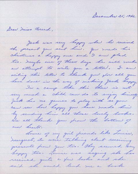 [Letter to Clara Breed from Hisako Watanabe, Poston, Arizona, December 25, 1942]