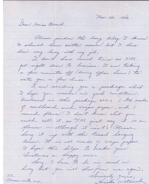 [Letter to Clara Breed from Hisako Watanabe, Poston, Arizona, November 22, 1943]