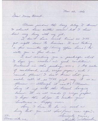 [Letter to Clara Breed from Hisako Watanabe, Poston, Arizona, November 22, 1943]