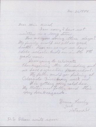 [Letter to Clara Breed from William and Jack Watanabe, Poston, Arizona, November 21, 1944]