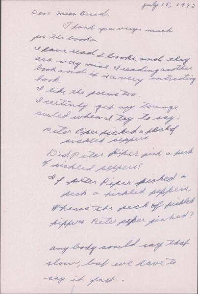 [Letter to Clara Breed to Katherine Tasaki, Poston, Arizona, July 15, 1942]