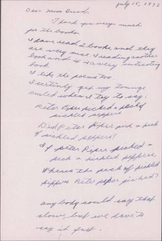 [Letter to Clara Breed to Katherine Tasaki, Poston, Arizona, July 15, 1942]