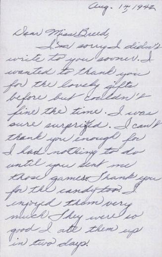 [Letter to Clara Breed from Katherine Tasaki, Poston, Arizona, August 14, 1942]
