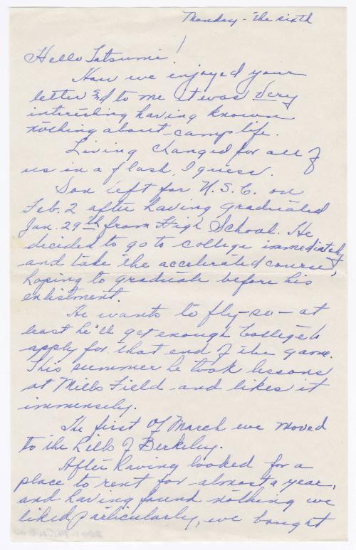 [ Letter to Tatsumi Iwate from Florence Trautman, April 6, 1942 ]