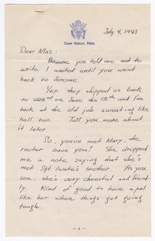 [ Letter to Masaji Iwate from Tatsumi Iwate, July 4, 1943 ]