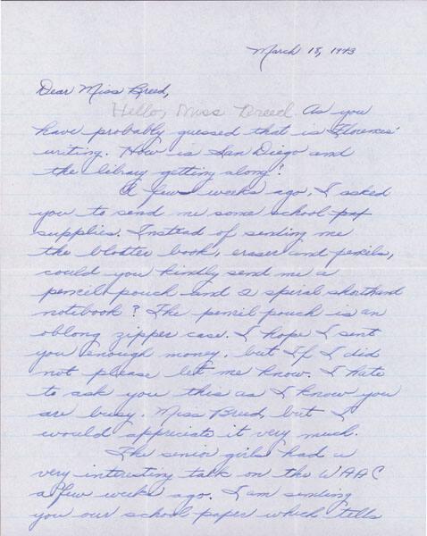 [Letter to Clara Breed from Margaret Ishino, Poston, Arizona, March 18, 1943]