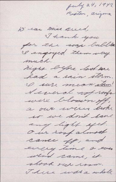 [Letter to Clara Breed to Katherine Tasaki, Poston, Arizona, July 24, 1942]