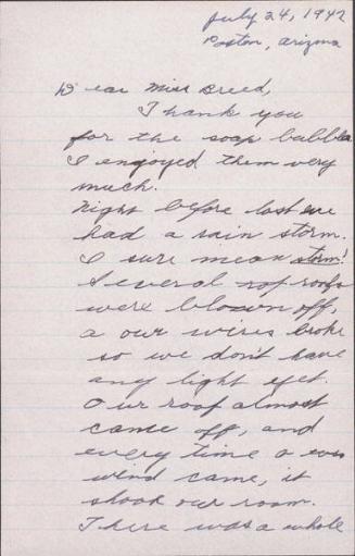 [Letter to Clara Breed to Katherine Tasaki, Poston, Arizona, July 24, 1942]