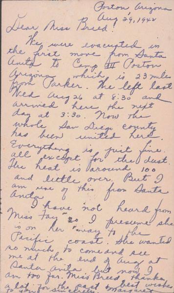 [Postcard to Clara Breed from Margaret Arakawa, Poston, Arizona, August 29, 1942]