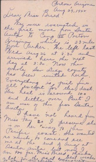 [Postcard to Clara Breed from Margaret Arakawa, Poston, Arizona, August 29, 1942]