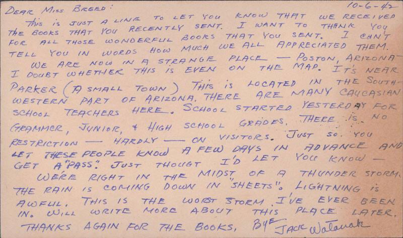 [Postcard to Clara Breed from Jack Watanabe, Poston, Arizona, October 6, 1942]