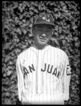 Frank Miwa in a "San Juan" baseball uniform