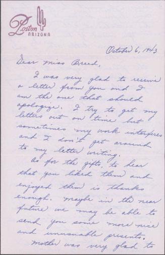 [Letter to Clara Breed from Hisako Watanabe, Poston, Arizona, October 5, 1943]