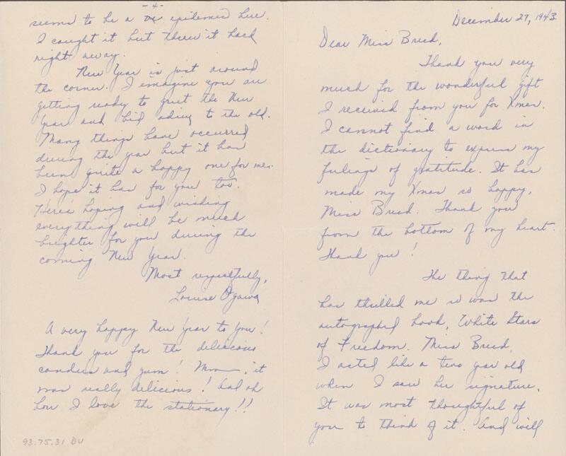 [Letter to Clara Breed from Louise Ogawa, Poston, Arizona, December 27, 1943]