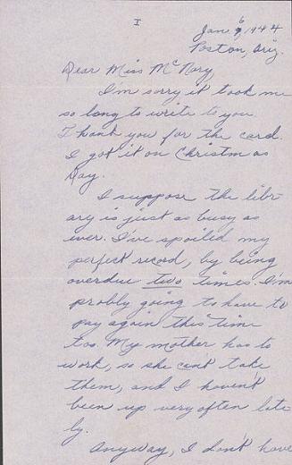 [Letter to Helen McNary from Katherine Tasaki, Poston, Arizona, January 6, 1944]