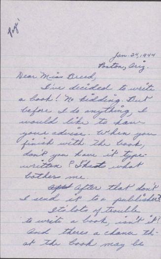 [Letter to Clara Breed from Katherine Tasaki, Poston, Arizona, January 24, 1944]