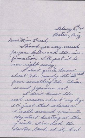 [Letter to Clara Breed from Katherine Tasaki, Poston, Arizona, February 5, 1944]