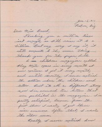 [Letter to Clara Breed from Katherine Tasaki, Poston, Arizona, January 15, 1944]