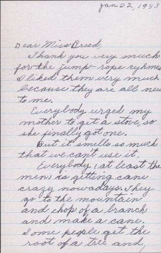[Letter to Clara Breed to Katherine Tasaki, Poston, Arizona, January 22, 1943]
