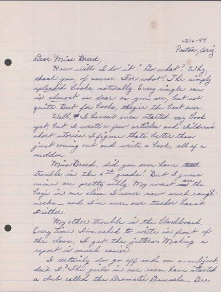 [Letter to Clara Breed from Katherine Tasaki, Poston, Arizona, March 16, 1944]