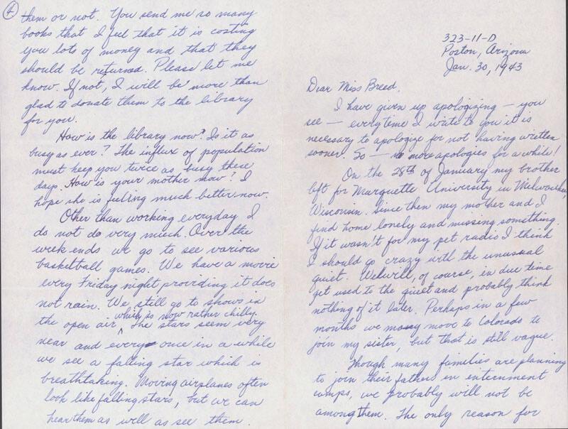 [Letter to Clara Breed from Fusa Tsumagari, Poston, Arizona, January 30, 1943]