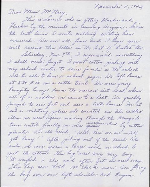 [Letter to Helen McNary from Louise Ogawa, Poston, Arizona, November 11, 1942]