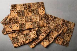 [Handwoven tubular honbukuro obi with black and brown checkered design of Chinese characters and landscape]