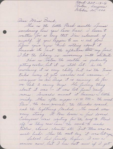 [Letter to Clara Breed from Louise Ogawa, Poston, Arizona, October 20, 1942]