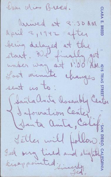 [Postcard to Clara Breed from Tetsuzo (Ted) Hirasaki, Arcadia, California, April 8, 1942]