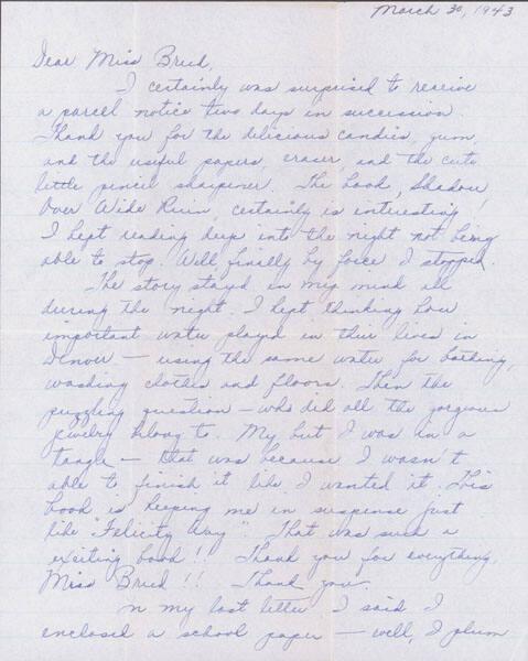 [Letter to Clara Breed from Louise Ogawa, Poston, Arizona, March 30, 1943]