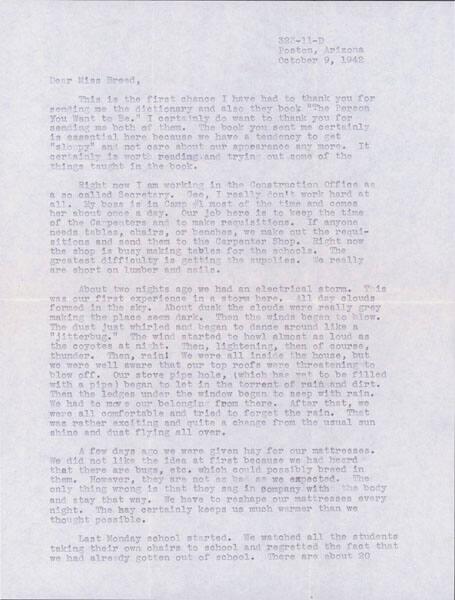 [Letter to Clara Breed from Fusa Tsumagari, Poston, Arizona, October 9, 1942]